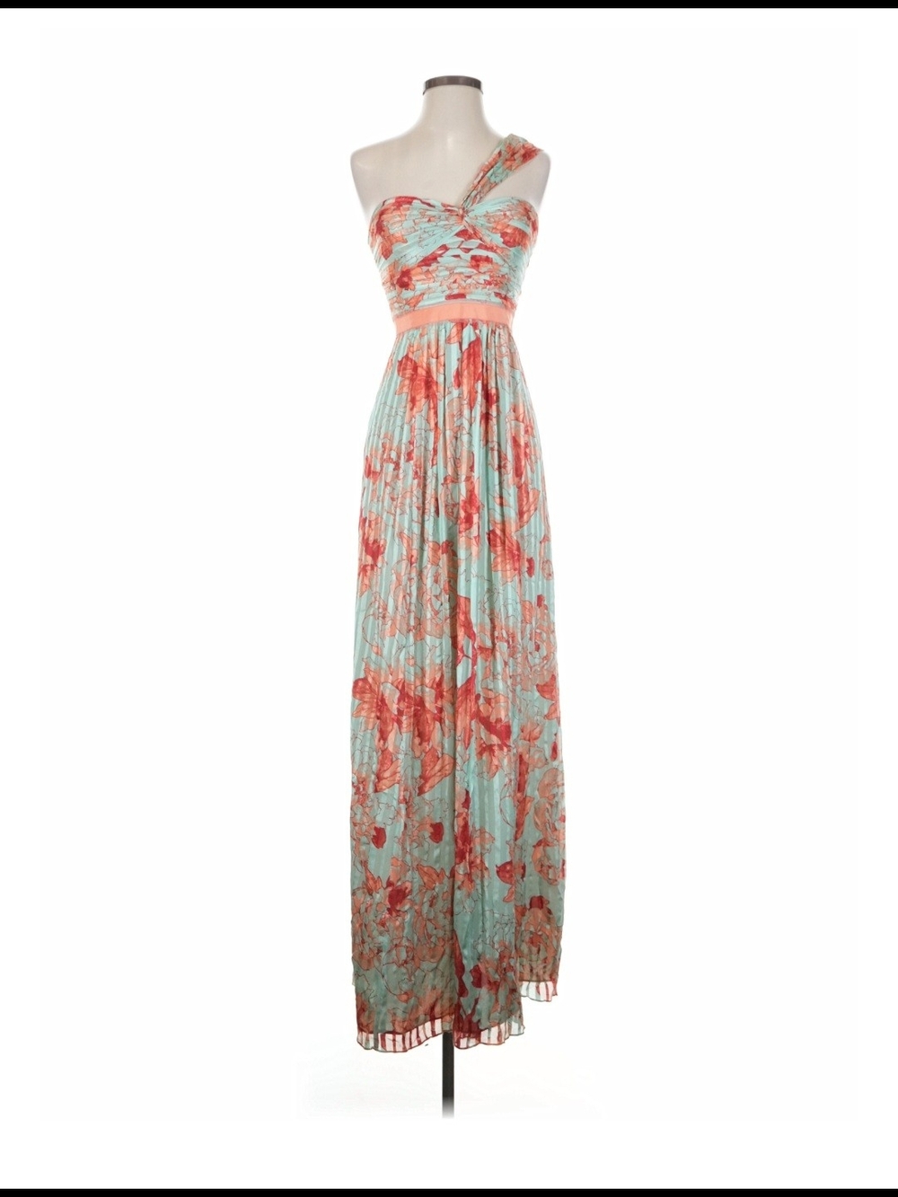 BCBGMAXAZARIA One-Shoulder Floral Dress in Aqua and Coral